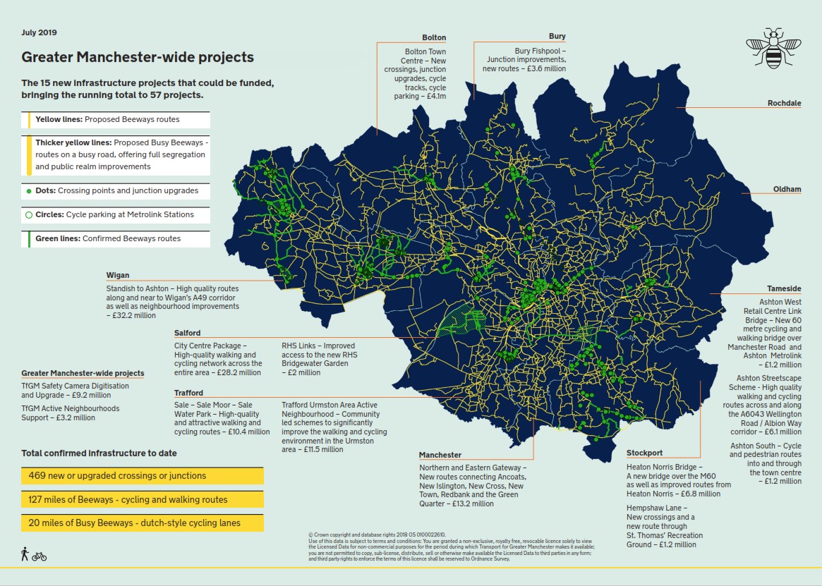 Map showing the new 15 proposed Bee Network projects across Greater Manchester