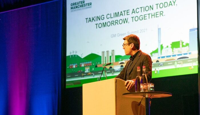 Andy Burnham speaking on the main stage at the Greater Manchester Green Summit 2021