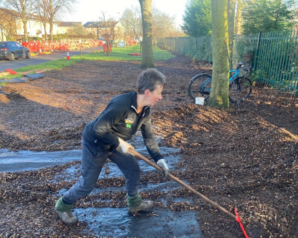 Debbie redistributing wood chip at Wintermans Road.