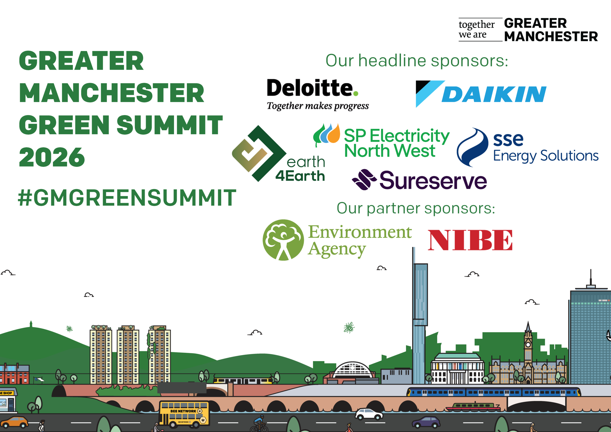 Promotional graphic for Greater Manchester Green Summit 2026 featuring headline and partner sponsor logos above a Manchester skyline illustration.