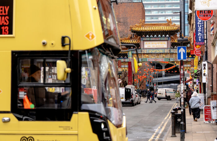 Buses in Chinatown in Manchester city centre